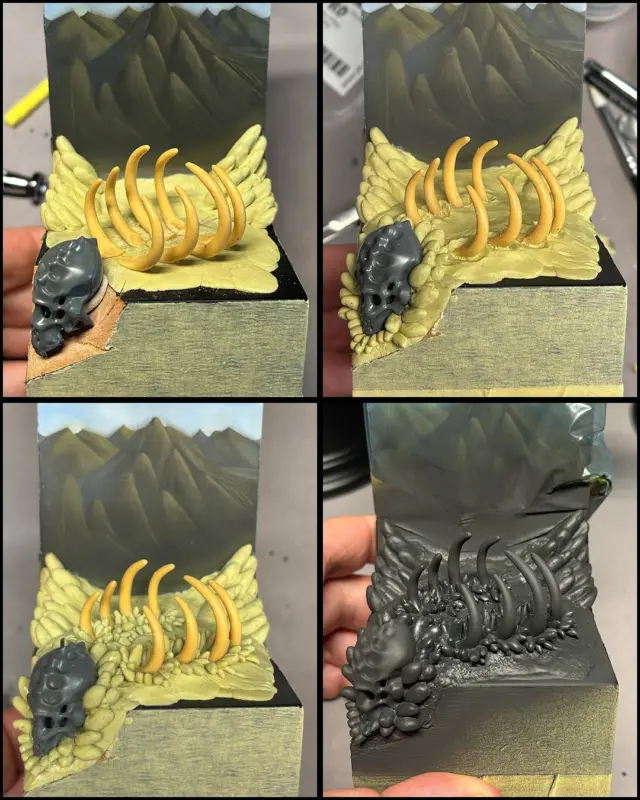 🏜️ Commander Farsight Basing 🏜️

Here are some work in progress pictures of my Commander Farsight Base I have created for my Golden Demon Entry 2025 at Spiel in Essen.
The basic foundation is build on chunks of milliput. 
I used the red version.for the ground and stone formations to have a more rough surface.

The bones rising from the ground where formed by @tamiya_inc_jp putty quick type. I also added a skull from the @warhammerofficial skull set to create the illusion of a ancient skeleton in the Xenos like Mountain landscape desert below Farsight.

Whats your opinion about the basing arrangement?

⬅️ swipeable post ➡️

#warhammerofficial #tau #warhammer #warhammer40k #nmm #nonmetallicmetal #paintingminiatures #miniaturepainting  #paintingwarhammer #hobbyfriday #xenos #wh40k #chrome #artist #art #mech #goldendemon #spielessen2025