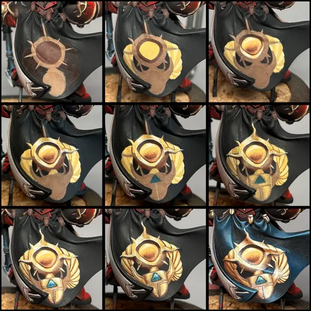 Thousand Sons Scarab Freehand painting 

These are the W.I.P. pictures of the Freehand scarab I have painted on Ahrimans Cape. Took round about 40h to paint the whole cape.
This was the first freehand where I had to take care of surface curves and lighting. 
I think it came out phenomenal for the first one and I’m absolutely proud of it. 😍

Do you like it as well? ℹ️

⬅️ Swipe for zoomed detailed views ➡️

For the Freehand I was using @artisopusltd Series M brushes with the sizes: 0, 00 and 000

#warhammer #miniaturepainting #paintingwarhammer #paintingminiatures #gamesworkshop #warhammerofficial #warhammercommunity #eavymetal  #spacemarines #spacemarine  #warhammer40k #thousandsons #warhammerthehorusheresy #horusheresy #nmm #nonmetallicmetal #grimdark #osl #goldendemon