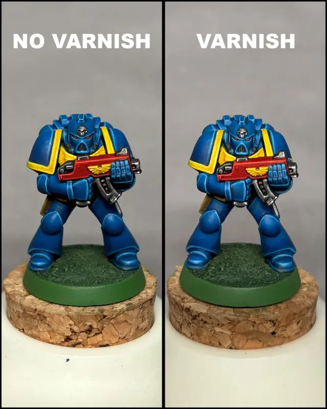 🎨 No Varnish vs. Varnish 🎨 While recording my upcoming Ultramarines guide, I wanted to share a quick tip on achieving color balance. Different paint types and brands have unique finishes, affecting how light reflects. I use a satin varnish coat to unify the look. Just a side note: I've never had luck with rattle can varnishes, so I recommend airbrushing or using a regular brush. Any tips from experienced artists? 😅

#warhammerofficial #warhammer #warhammer40k #miniaturepainting #warhammer40000 #nonmetallicmetal #nmm #gamesworkshop #paintingwarhammer #paintingminiatures #spacemarines #ultramarines