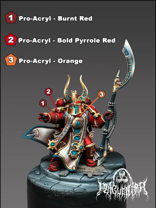 Here are three shots of my Ahriman – Horus Heresy Golden Demon entry for Spiel Essen 2025.

A lot of people asked which colors I used for the armor and the NMM gold, so I’m sharing the color charts here — along with my experience from the project.

The model is painted 100% with Pro Acryl. I used this project to really test the paints and understand their consistency. Compared to other brands, Pro Acryl is much thinner — which turned out to be fantastic for tiny details thanks to the incredibly smooth flow off the brush.

The downside: the tip doesn’t stay as sharp as with some other brands.

What impressed me most is the ultra‑matte finish. It looks great right away, without needing varnish.
For clean glazing, you do need the Glaze & Wash Medium — thinning with water alone leads to patchy, grainy results.

On the plus side, even the smallest areas can be shaded beautifully with glazes, like the freehand scarab on Ahriman’s cape.

My conclusion: getting used to the handling was absolutely worth it — and I even leveled up my brush control in the process.

What’s your experience with Pro-Acryl so far - love it, hate it or still on the fence?

#paintingwarhammer #horusheresy #warhammer #warhammer40k #warhammercommunity